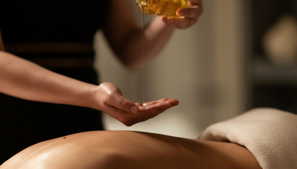 うつ伏せの男性の背中と、手の平にアロマオイルを垂らす女性の手元