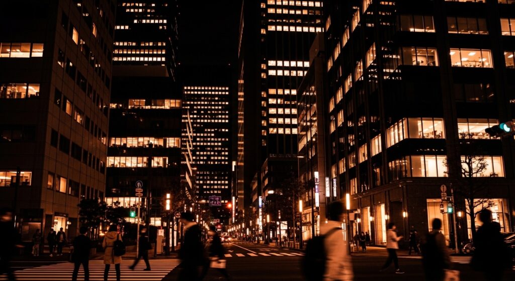 夜の都会のビル群の街並み