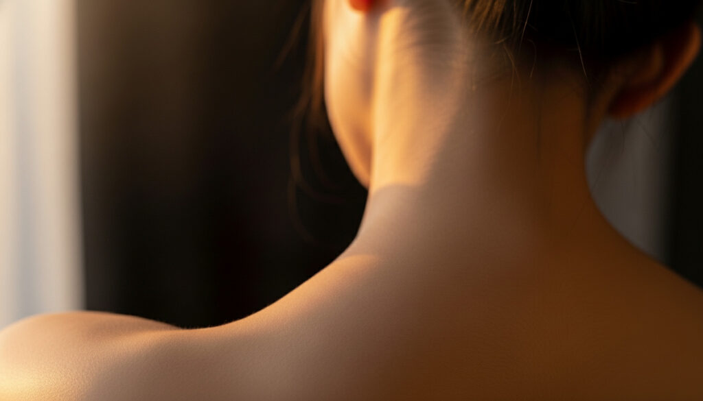 首筋を見せて、少しうつむく女性の後ろ姿