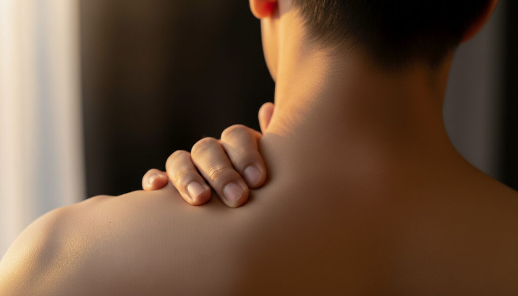 肩に手を置いて疲れを感じている男性の背中