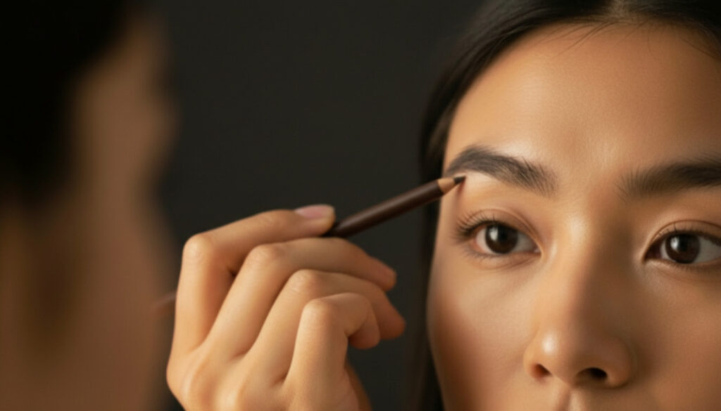 アイブロウペンシルで眉を描く女性