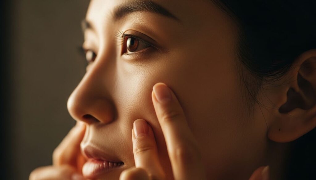 頬に手を添えて肌を確認する女性