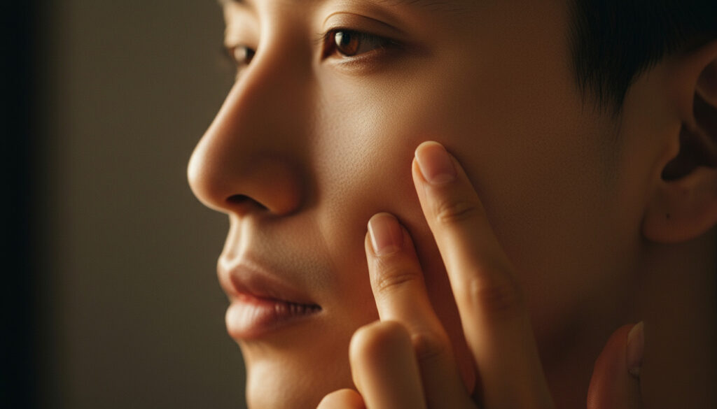 指先で肌を触り状態を確かめる男性