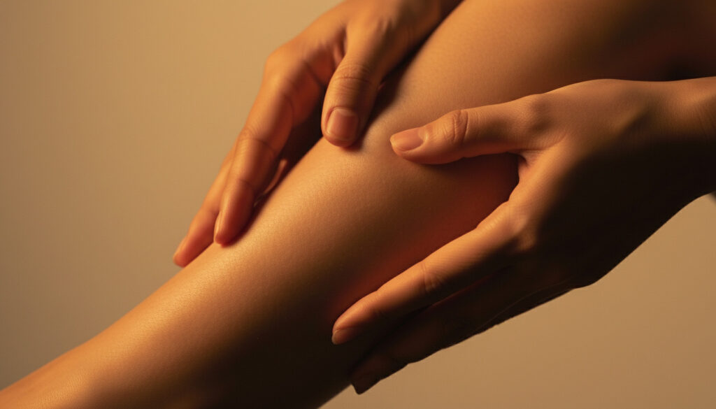 滑らかな肌のふくらはぎを両手で包み込んでいる