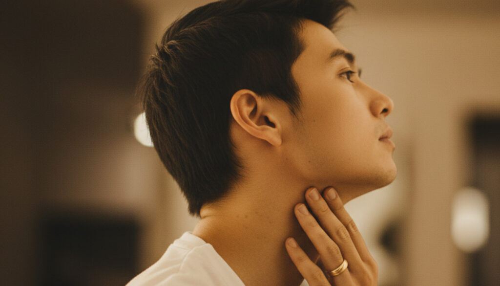 顎の下に手を添える男性の横顔