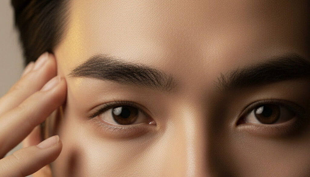 整った眉のキワを指先で触れる、男性の力強い目元のアップ