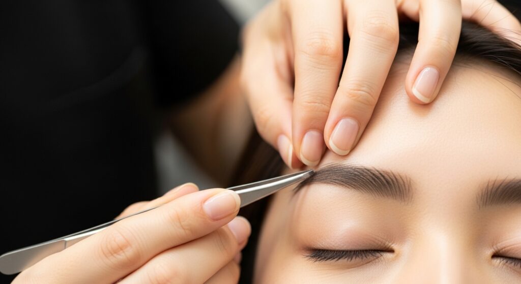 ピンセットを使い、女性の眉の形を丁寧に整える施術シーン