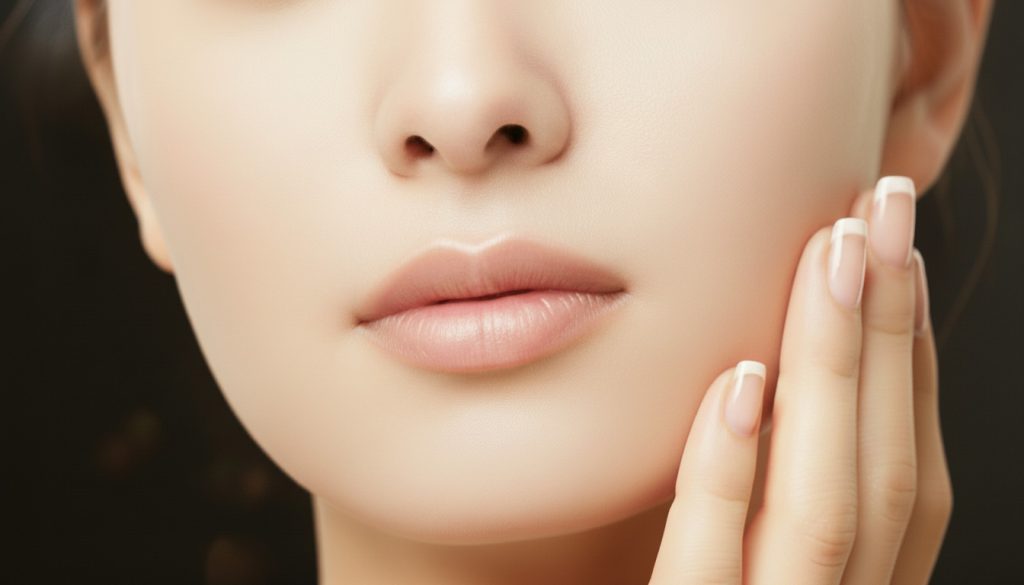 滑らかな頬に自分の指先を添える、女性の口元のアップ