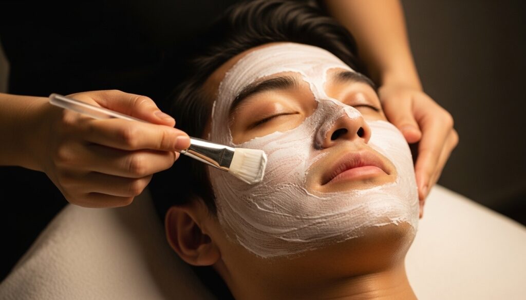 白いクリームで顔が覆われている、フェイシャルケア中の男性