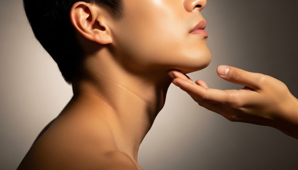 滑らかな顎のラインを、指先で優しく触れられている男性の横顔