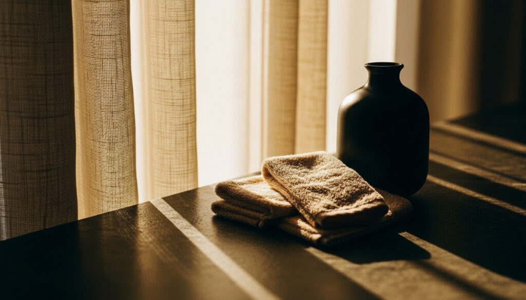 透け感のあるカーテンから柔らかな光が差し込み、窓際のタオルと花瓶を照らしている