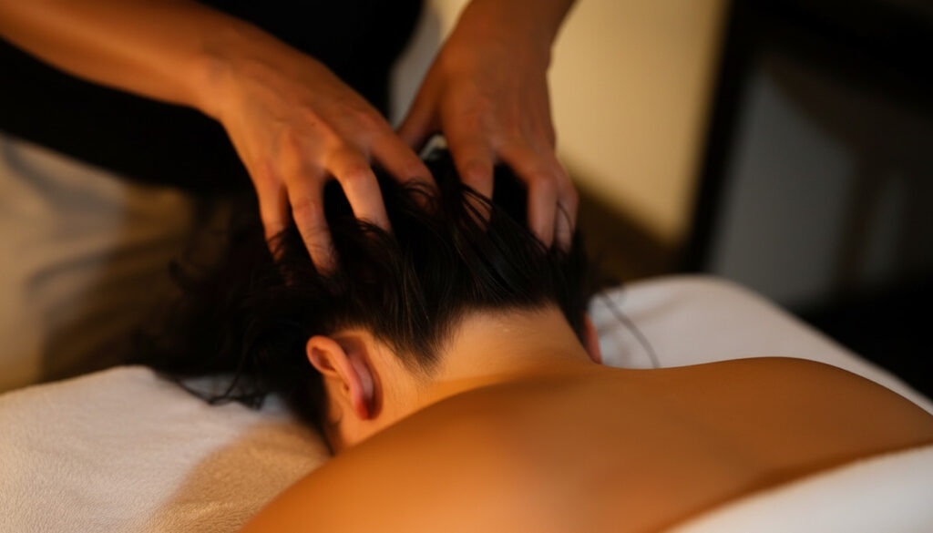 うつ伏せでヘッドマッサージを受けている女性