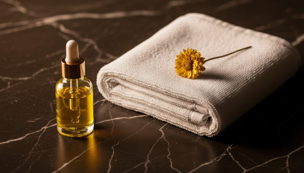 大理石調の黒い台に置かれたアロマオイルの小瓶と白いタオル、添えられた黄色いお花