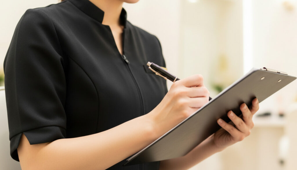 カルテに書き込んでいるスタッフの手元